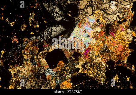 Anfibolite con granato. L'anfibolite è una roccia metamorfica ricca di anfibole. Fotomicrografo, sezione sottile, luce polarizzata. Foto Stock