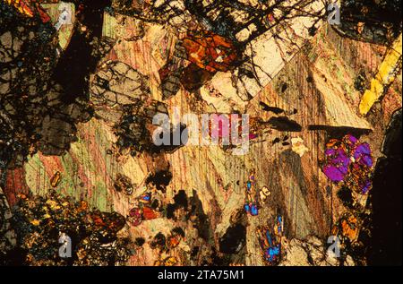 Anfibolite con granato. L'anfibolite è una roccia metamorfica ricca di anfibole. Fotomicrografo, sezione sottile, luce polarizzata. Foto Stock