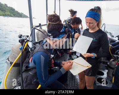 Giovani sub che controllano i dati prima di immergersi nelle acque costaricane Foto Stock
