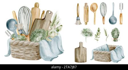 Gli utensili da cucina sono oggetti individuali su uno sfondo isolato. Illustrazione ad acquerello dell'utensile in un cestino. Foto Stock