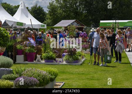 Stand fieristici affollati (i visitatori vedono le esposizioni degli espositori, vendono arbusti ed erbe) - RHS Flower Show Tatton Park 2023, Cheshire, Inghilterra Regno Unito. Foto Stock