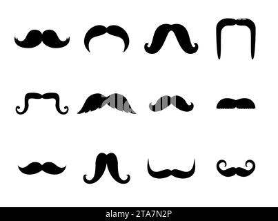 Set di baffi sagome nere isolate su sfondo bianco. Collezione di icone di baffi da uomo. Illustrazione vettoriale Illustrazione Vettoriale
