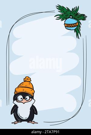 Modello vettoriale per biglietti d'auguri di Capodanno e Natale con simpatico pinguino con cappello e ramo di abete con giocattolo di Capodanno Illustrazione Vettoriale