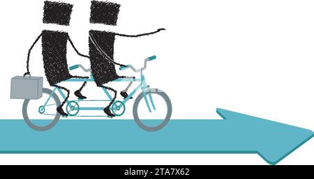 Due figure di bastone sono montate su un tandem, uno dei quali porta una valigetta in mano, l'altro punta un dito in avanti. Illustrazione Vettoriale