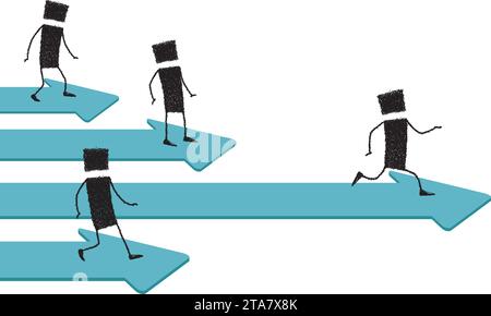 Diverse figure di bastone che girano sopra alcune frecce che puntano in avanti. Uno è il più veloce, avrà successo. Illustrazione Vettoriale