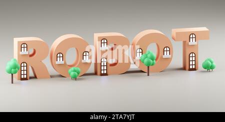 Rappresentazione 3D illustrazione del ROBOT Word in blocchi beige su sfondo chiaro vista frontale Foto Stock