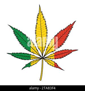 Icona delle foglie di marijuana con colori rastafariani isolati su sfondo bianco. Simbolo della cannabis moderno. Canapa naturale. La dipendenza fuma droghe per le erbe infestanti. Rasta Illustrazione Vettoriale