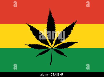 Bandiera reggae rastafarian con foglia di marijuana. Bandiera Rasta con il segno del simbolo della cannabis. Illustrazione vettoriale. Illustrazione Vettoriale