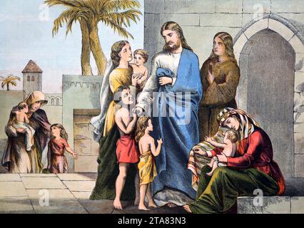 Illustrazione del nuovo Testamento di Gesù Cristo che riceve i bambini (Vangelo di Marco) Foto Stock