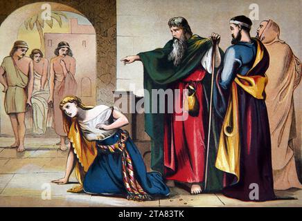 Illustrazione della morte di Sapphira (atti) dopo che suo marito Anania vendette la terra per dare soldi agli Apostoli, essi mantennero parte del ricavato Foto Stock