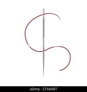 Ago da cucire con filettatura rossa isolato su sfondo bianco. Illustrazione vettoriale. Illustrazione Vettoriale