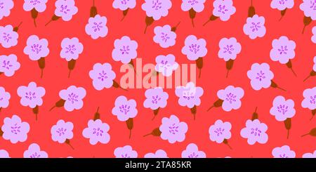 Semplice motivo vettoriale senza cuciture con fiori primaverili sul rosso. Modello di fiori Ditsy. Illustrazione vettoriale Illustrazione Vettoriale
