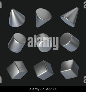 set di forme geometriche 3d. Forme geometriche realistiche in argento isolate su sfondo nero. Illustrazione vettoriale. Illustrazione Vettoriale