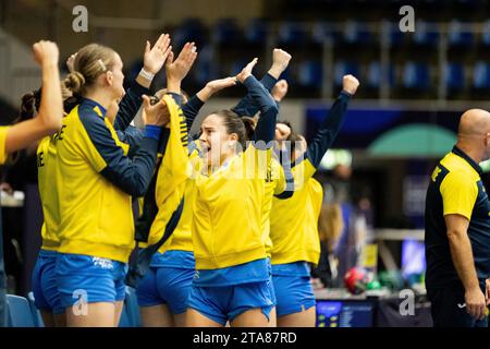 Frederikshavn, Danimarca. 29 novembre 2023. XX (XX) del Brasile visto durante la partita IHF World Handball Championship 2023 tra Brasile e Ucraina all'Arena Nord di Frederikshavn. (Foto: Gonzales Photo/Alamy Live News Foto Stock