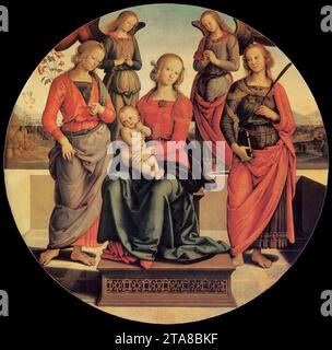 Vergine e bambino in trono con Angeli e Santi 1490-95 di Pietro Perugino Foto Stock