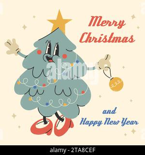 Divertente albero di Natale. Buon Natale, biglietto di Capodanno Illustrazione Vettoriale