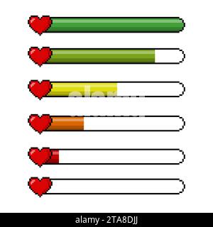 Cuori pixel rossi e indicatore di colore della scala di salute isolato su sfondo bianco. Set di icone della barra della vita del cuore di salute a 8 bit di pixel game. Controller di gioco Illustrazione Vettoriale