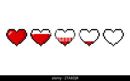 Cuori di pixel rossi con una scala di salute isolata su sfondo bianco. Icone della barra della vita del cuore di salute di pixel game 8 bit. Illustrazione vettoriale del controller di gioco Illustrazione Vettoriale