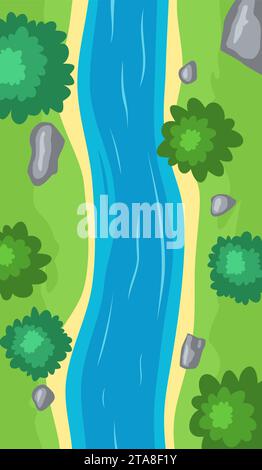 Vista fluente sulla sommità del fiume, curva dei cartoni animati con acqua blu, costa con pietre, alberi ed erba verde. Illustrazione della scena estiva Illustrazione Vettoriale