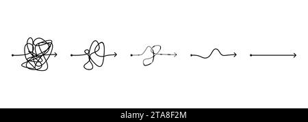 Insieme di concetti di semplificazione del caos, risoluzione dei problemi e ricerca di soluzioni aziendali. Un modo semplice e complesso dall'inizio alla fine Disegnato a mano Illustrazione Vettoriale