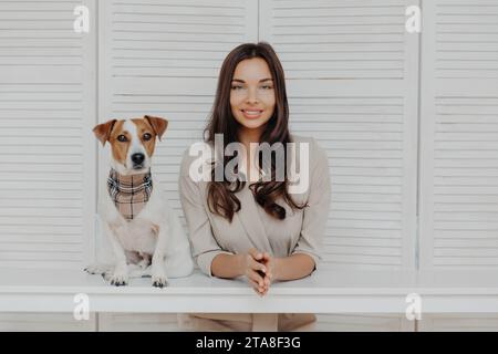 Donna elegante con un sorriso affascinante in posa con il suo Jack Russell Terrier sullo sfondo di legno bianco Foto Stock