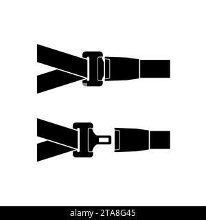 Icona cintura di sicurezza conducente e passeggero sbloccata e bloccata con dispositivo di fissaggio e cinghia nera su sfondo bianco. Cintura di sicurezza per la protezione. Illustrazione Vettoriale