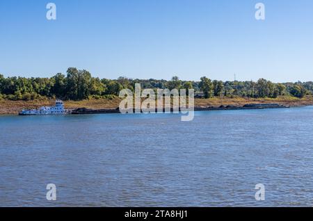 Grande rimorchiatore che spinge file di chiatte con prodotti di carbone lungo il fiume Mississippi a sud del Cairo in Illinois Foto Stock