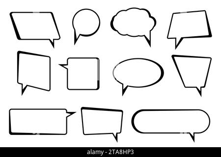 Set di testo con fumetti vocali, icone delle caselle di chat, casella dei messaggi con design piatto isolata su sfondo bianco. Simbolo del simbolo del pensiero in stile palloncino. Illustrazione Vettoriale