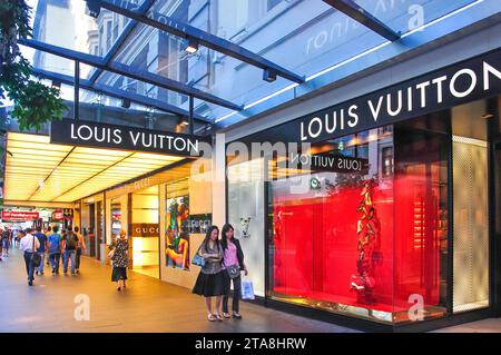 Louis Vuitton e negozi Gucci, Queen Street, il quartiere centrale degli affari di Auckland, Regione di Auckland, Isola del nord, Nuova Zelanda Foto Stock