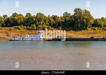 Grande rimorchiatore che spinge file di chiatte con prodotti di carbone lungo il fiume Mississippi a sud del Cairo in Illinois Foto Stock