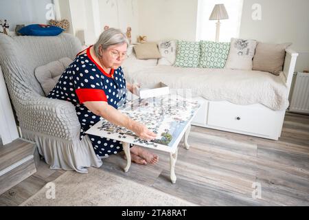 Una donna anziana che raccoglie puzzle mentre è seduta su una sedia nella sua stanza luminosa a casa. Foto Stock