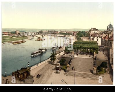 Vista sull'Elba e sulla terrazza Bruhlsche, Altstadt, Dresda, Sassonia, Germania- Foto Stock