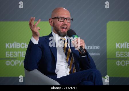 L'ex primo ministro ucraino Arseniy Yatsenyuk interviene in un evento dal titolo "il fronte e la ripresa” durante il Forum sulla sicurezza di Kiev. (Foto di Oleksii Chumachenko / SOPA Images/Sipa USA) Foto Stock