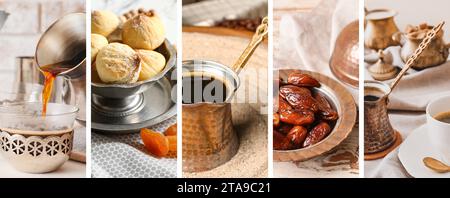 Collage di gustosi dolci turchi e caffè sul tavolo Foto Stock