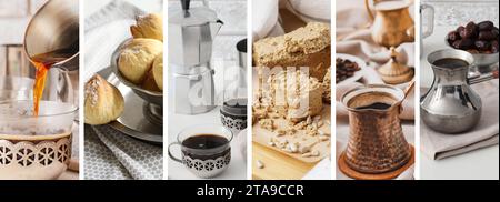 Collage di gustosi dolci turchi e caffè sul tavolo Foto Stock