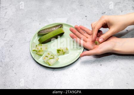 Vista dall'alto mano della donna che tiene i cubetti di ghiaccio al succo di Aloe, pianta di Aloe vera sul piatto verde sul tavolo. Piano orizzontale orizzontale orizzontale orizzontale. Cosmetici naturali fatti in casa Foto Stock