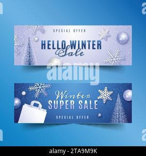 banner orizzontali realistici per la vendita invernale illustrano il design vettoriale Illustrazione Vettoriale