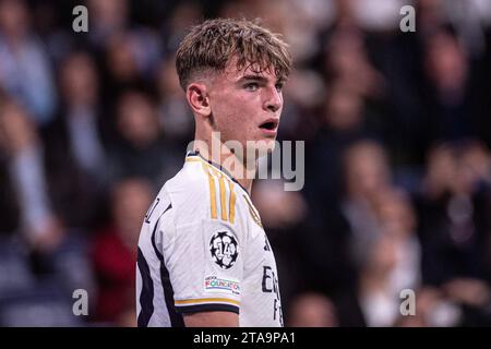 Madrid, Spagna. 29 novembre 2023. UEFA Champions League partita di calcio Real Madrid vs Napoli allo stadio Santiago Bernabeu, Madrid 29 novembre 2023. Nico Paz 900/Cordon Press Credit: CORDON PRESS/Alamy Live News Foto Stock