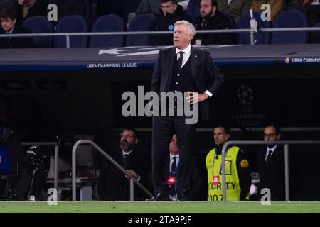 Madrid, Spagna. 29 novembre 2023. UEFA Champions League partita di calcio Real Madrid vs Napoli allo stadio Santiago Bernabeu, Madrid 29 novembre 2023. carlo ancelotti 900/Cordon Press Credit: CORDONE PRESS/Alamy Live News Foto Stock