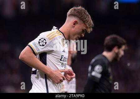 Madrid, Spagna. 29 novembre 2023. UEFA Champions League partita di calcio Real Madrid vs Napoli allo stadio Santiago Bernabeu, Madrid 29 novembre 2023. Nico Paz 900/Cordon Press Credit: CORDON PRESS/Alamy Live News Foto Stock