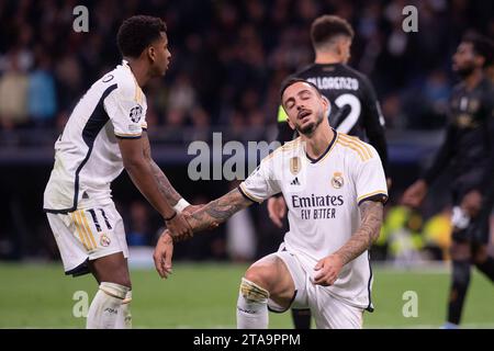 Madrid, Spagna. 29 novembre 2023. UEFA Champions League partita di calcio Real Madrid vs Napoli allo stadio Santiago Bernabeu, Madrid 29 novembre 2023. Joselu e Rodrygo 900/Cordon Press Credit: CORDON PRESS/Alamy Live News Foto Stock