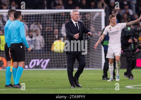 Madrid, Spagna. 29 novembre 2023. UEFA Champions League partita di calcio Real Madrid vs Napoli allo stadio Santiago Bernabeu, Madrid 29 novembre 2023. Carlo Ancelotti 900/Cordon Press Credit: CORDONE PRESS/Alamy Live News Foto Stock