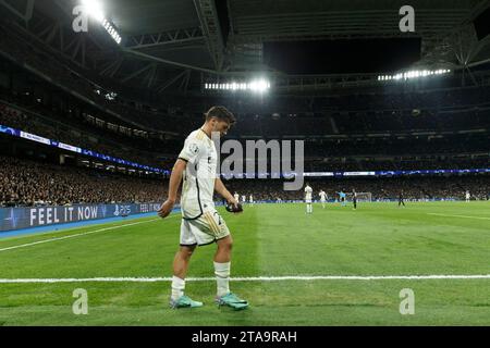 MADRID, SPAGNA - NOVEMBRE 29: Brahim Diaz del Real Madrid durante la partita di UEFA CHAMPIONS LEAGUE 2023/24 tra Real Madrid e Napoli allo stadio Santiago Bernabeu. Crediti: Guille Martinez/AFLO/Alamy Live News Foto Stock