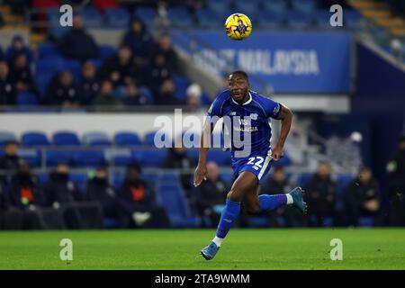 Cardiff, Regno Unito. 28 novembre 2023. Yakou Meite di Cardiff City in azione. Partita del campionato EFL Skybet, Cardiff City contro West Bromwich Albion al Cardiff City Stadium di Cardiff, Galles, martedì 28 novembre 2023. Questa immagine può essere utilizzata solo per scopi editoriali. Solo per uso editoriale, foto di Andrew Orchard/Andrew Orchard fotografia sportiva/Alamy Live news credito: Andrew Orchard fotografia sportiva/Alamy Live News Foto Stock