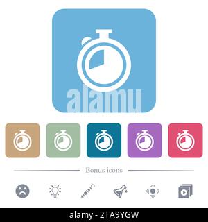 Icone piatte bianche timer su sfondi quadrati arrotondati a colori. 6 icone bonus incluse Illustrazione Vettoriale