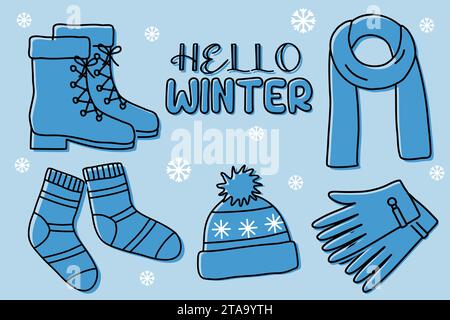 Set monocromatico di stivali stringati, sciarpa, calze, cappello e guanti, accessorio invernale caldo, illustrazione vettoriale di stile piatto Illustrazione Vettoriale