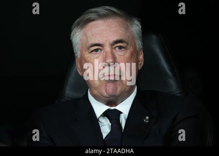 Madrid, Spagna. 29 novembre 2023. L'allenatore del Real Madrid Carlo Ancelotti durante la partita di UEFA Champions League, gruppo C, tra Real Madrid e SCC Napoli ha giocato allo stadio Santiago Bernabeu il 29 novembre 2023 a Madrid, in Spagna. (Foto di Bagu Blanco/PRESSINPHOTO) crediti: PRESSINPHOTO SPORTS AGENCY/Alamy Live News Foto Stock