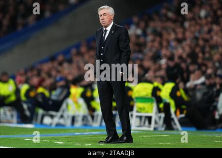 Madrid, Spagna. 29 novembre 2023. L'allenatore del Real Madrid Carlo Ancelotti durante la partita di UEFA Champions League, gruppo C, tra Real Madrid e SCC Napoli ha giocato allo stadio Santiago Bernabeu il 29 novembre 2023 a Madrid, in Spagna. (Foto di Bagu Blanco/PRESSINPHOTO) crediti: PRESSINPHOTO SPORTS AGENCY/Alamy Live News Foto Stock