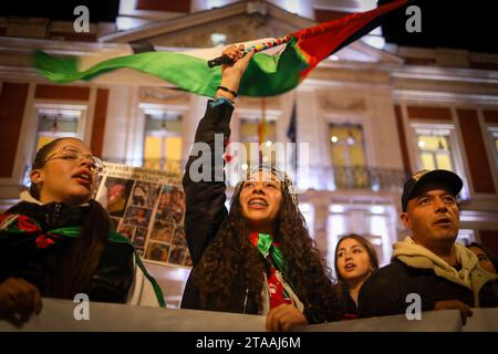 Madrid, Spagna. 29 novembre 2023. Un manifestante alza una bandiera durante una manifestazione pro-palestinese nella Puerta del Sol di Madrid. Manifestazione indetta con lo slogan '29-N: No alla partizione della Palestina? In occasione della giornata internazionale di solidarietà con il popolo palestinese, che viene celebrata ogni 29 novembre in commemorazione del giorno in cui, nel 1947, l'Assemblea delle Nazioni Unite ha approvato la risoluzione 181 sulla spartizione della Palestina e la creazione dello Stato di Israele. (Foto di David Canales/SOPA Images/Sipa USA) credito: SIPA USA/Alamy Live News Foto Stock