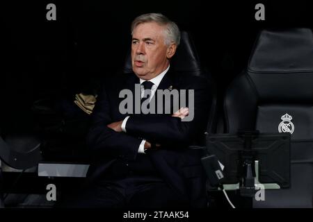 Madrid, Napoli, Spagna. 29 novembre 2023. Carlo Ancelotti allenatore del Real Madrid durante la partita di calcio del gruppo C di UEFA Champions League tra Real Madrid e SSC Napoli allo stadio Santiago Bernabeu di Madrid, Spagna. 29 novembre 2023 (Credit Image: © Ciro De Luca/ZUMA Press Wire) SOLO USO EDITORIALE! Non per USO commerciale! Foto Stock